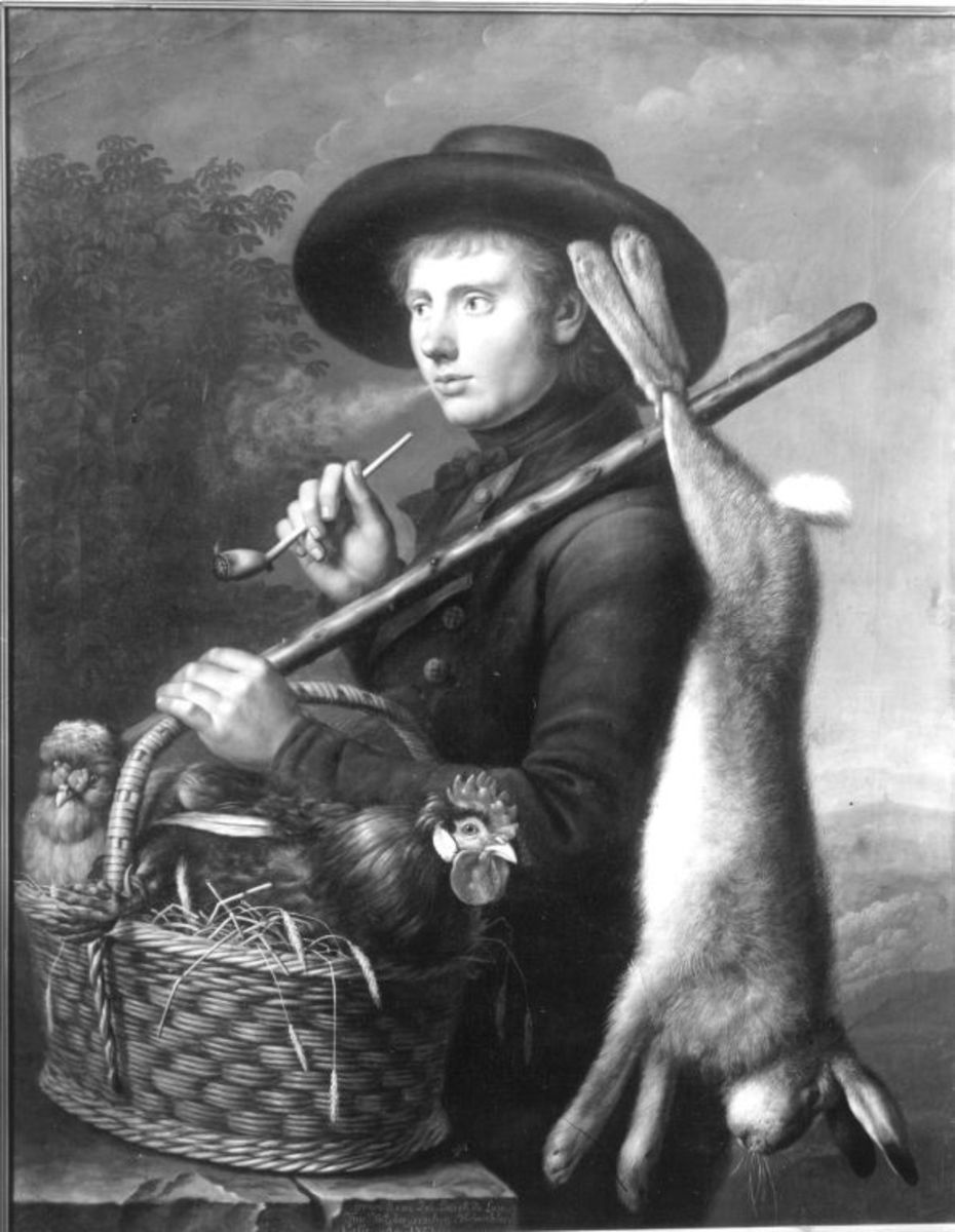 Johann Jacob de Lose | Marktbursche mit Hase und Federvieh | Displayed motifs: Halo, Thorn crown, Human face, Violin, Person, Picnic basket, Hat, 