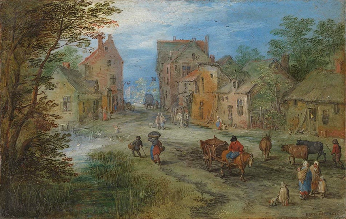 Jan Brueghel d. Ä. | Dorfstraße | Displayed motifs: Tree, Cart, Person, Cattle, Bull, House, Animal, 