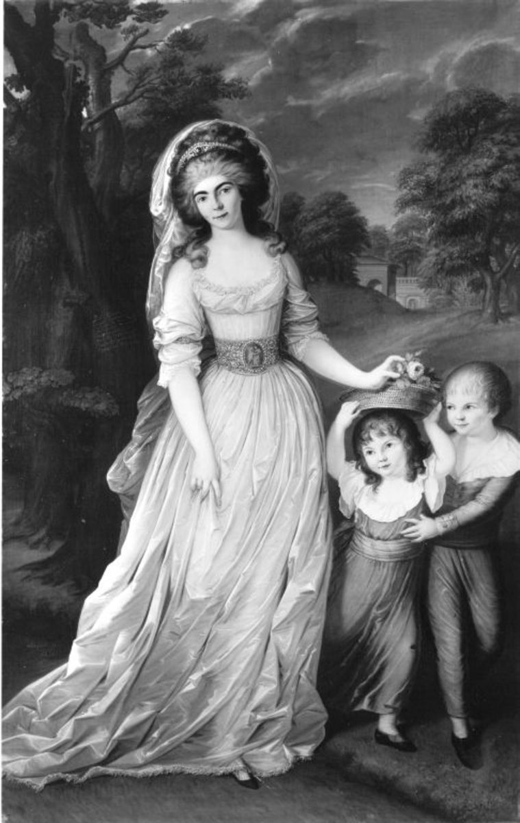 Johann Joseph Friedrich Langenhöffel | Auguste Wilhelmine von Hessen-Darmstadt mit ihren Kindern | Displayed motifs: Halo, Dress, Human face, Woman, Girl, Tree, Footwear, 