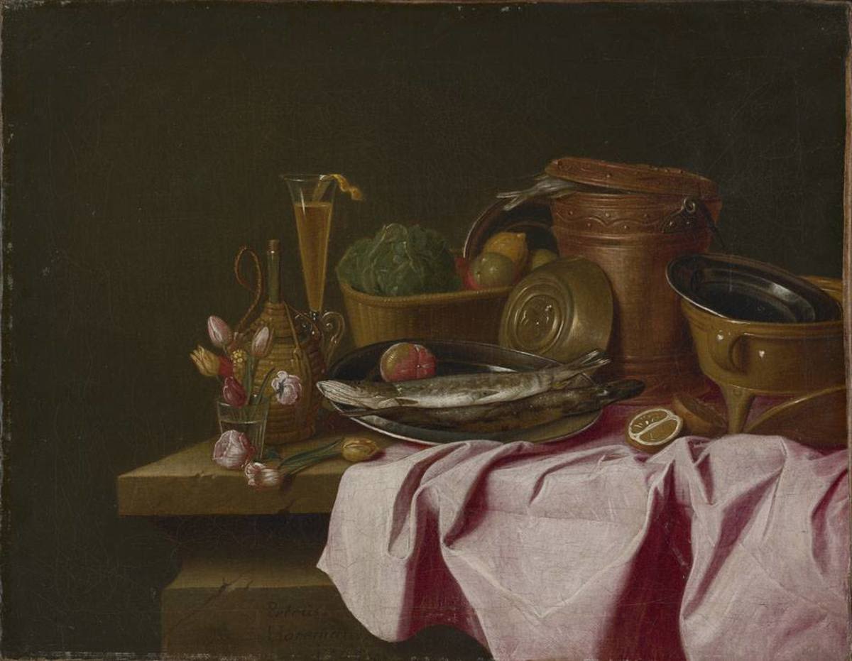 Peter Jacob Horemans | Stillleben mit Fischen | Displayed motifs: Table, Food, 