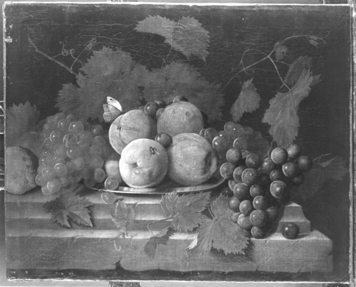 Peter Jacob Horemans | Stillleben mit Trauben und Äpfeln | Displayed motifs: Fruit, Vegetable, Tree, Animal, 