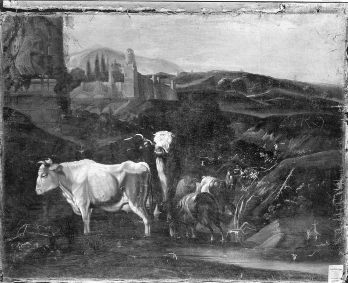 Monogrammist BA | Landschaft mit Vieh | Displayed motifs: Cattle, Horse, 