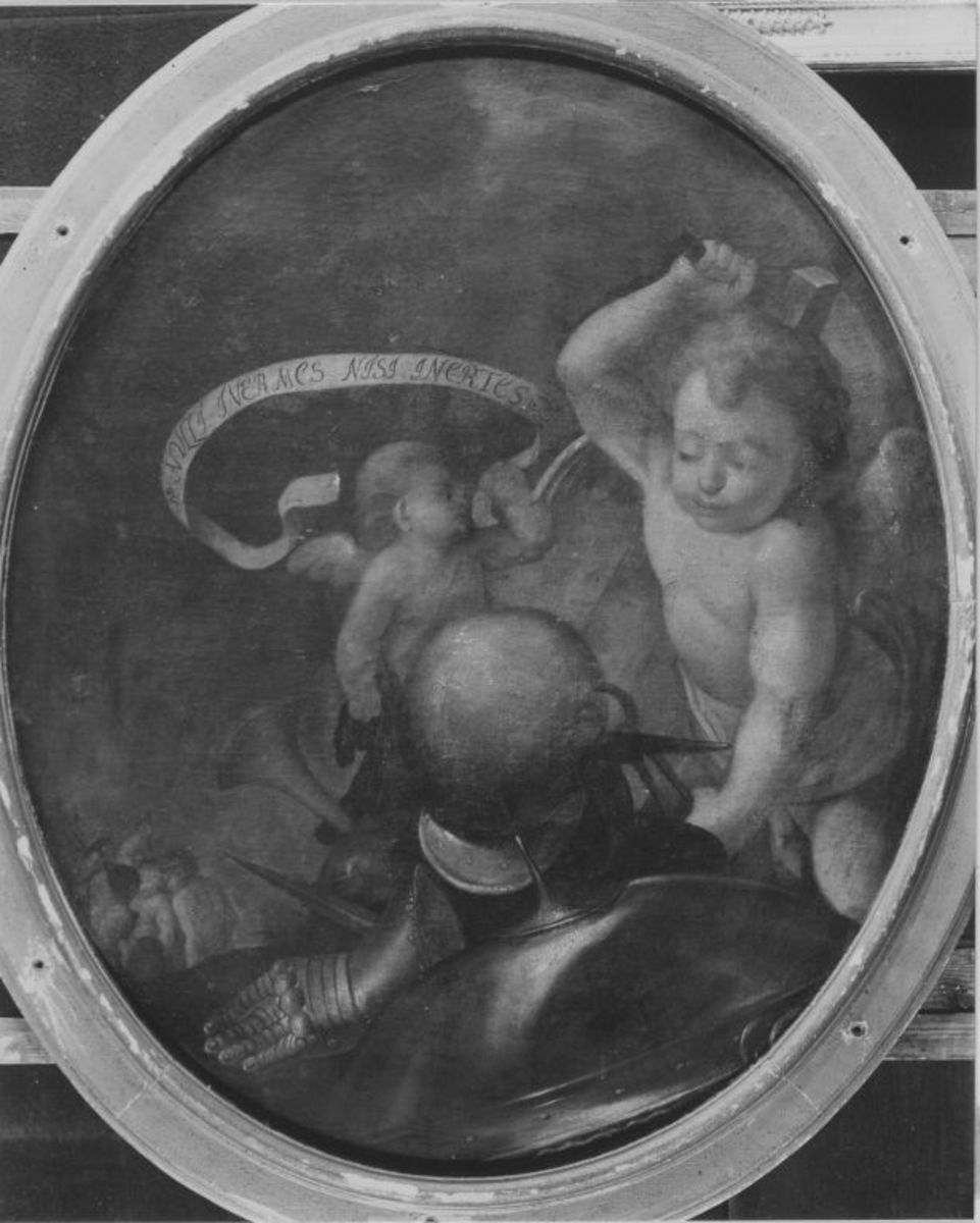 Venezianisch | Amor bei Vulkan (oval) | Displayed motifs: Putto, Human face, Mirror, Person, 