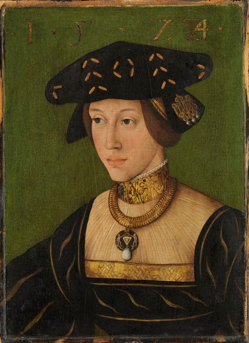 Hans Krell | Maria, Königin von Ungarn (1505-1558) | Displayed motifs: Human face, Hat, Clothing, Woman, Thorn crown, Person, Miter, 