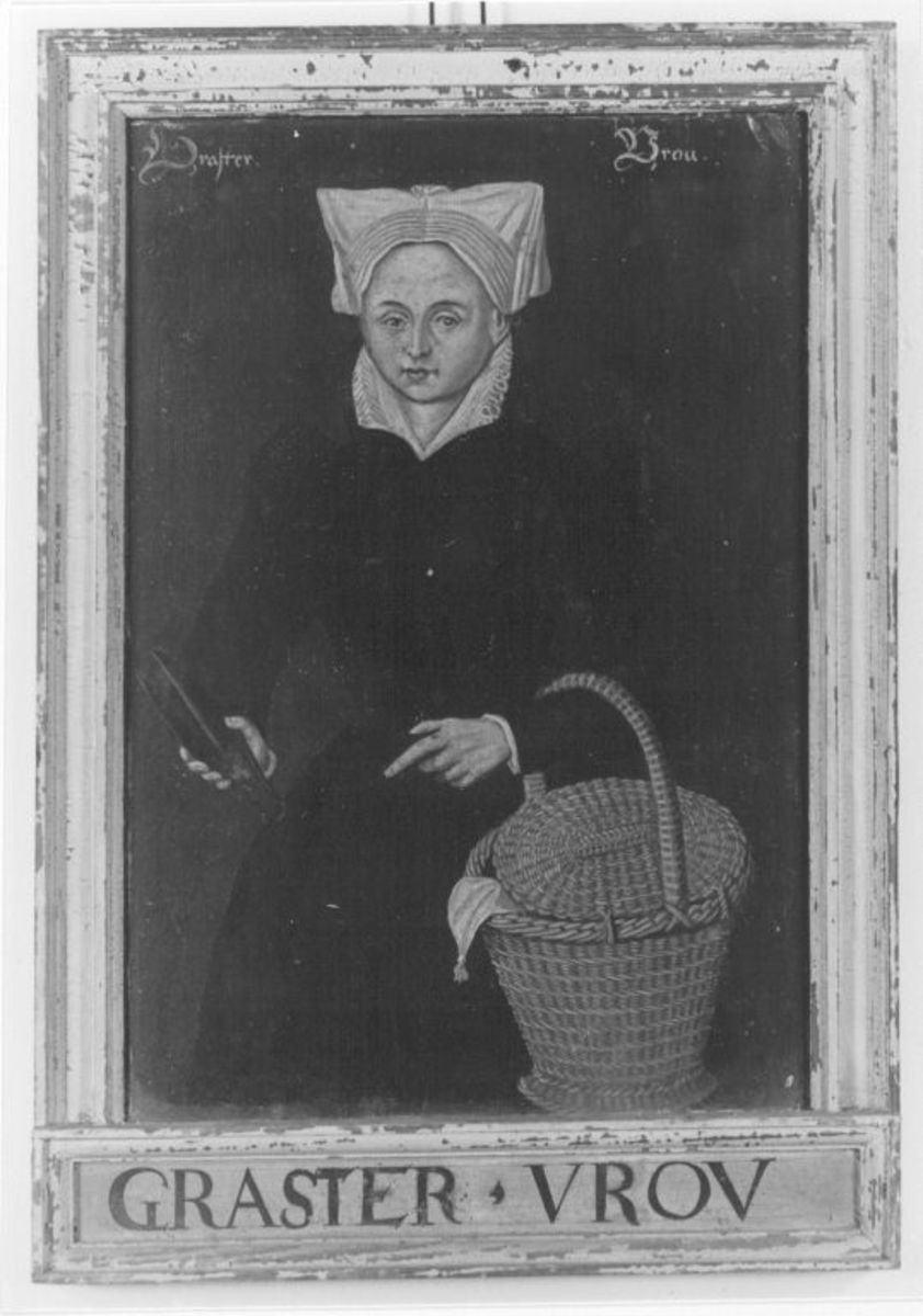 Dirck Barendsz | Kostümbild Grafter Vrov | Displayed motifs: Human face, Halo, Clothing, Picnic basket, Man, 