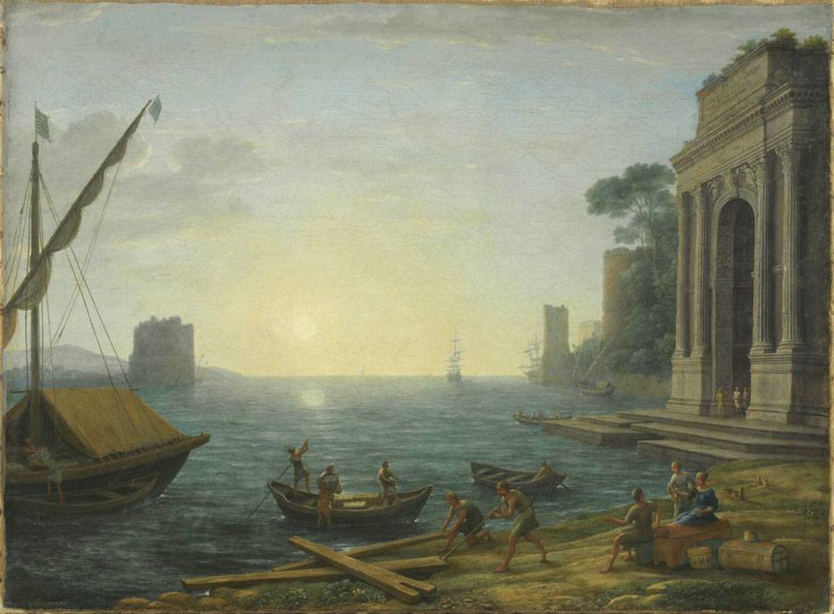 Claude Lorrain (Claude Gellée) | Ein Seehafen bei aufgehender Sonne | Displayed motifs: Boat, Tree, Building, Person, Canoe, Angel, 