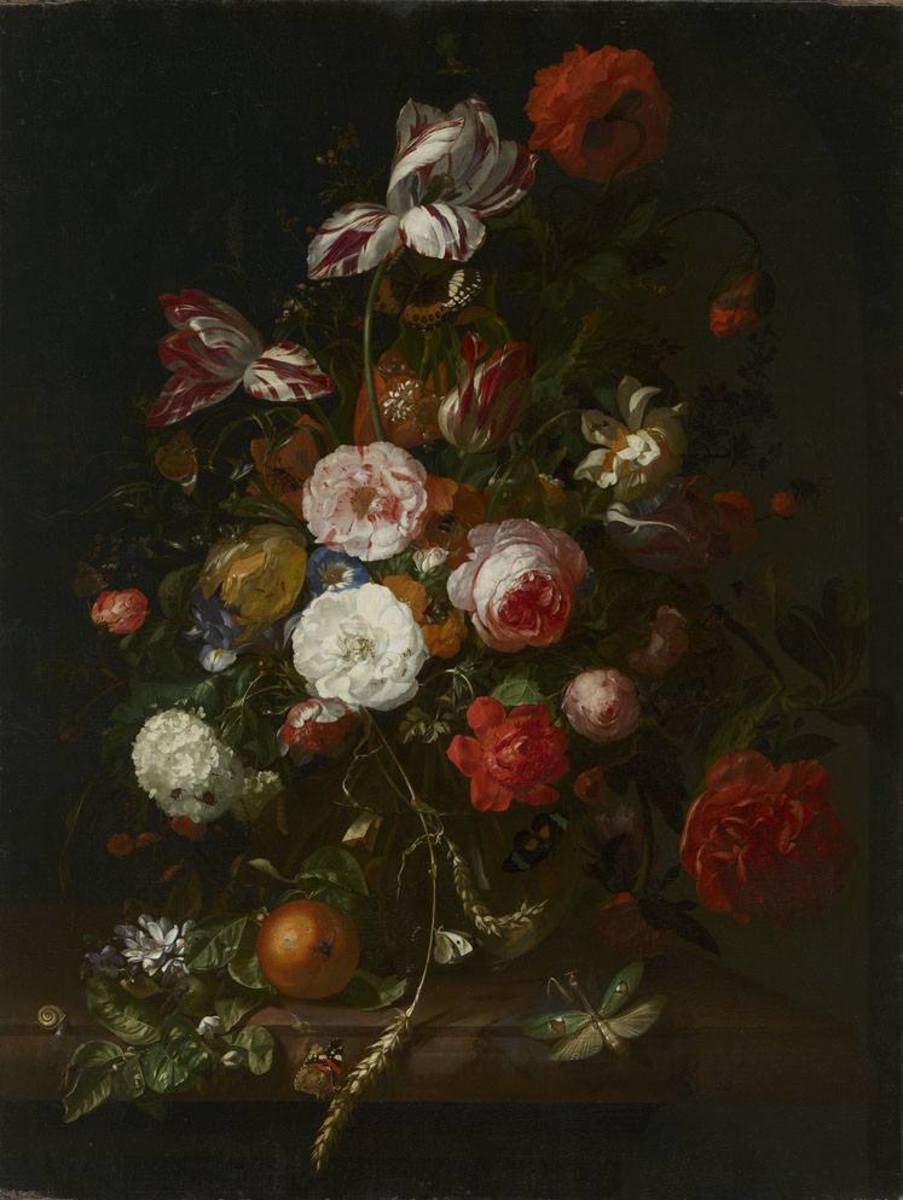 Rachel Ruysch | Blumenstrauß | Displayed motifs: Rose, Flower, White dove, Orange, Putto, 