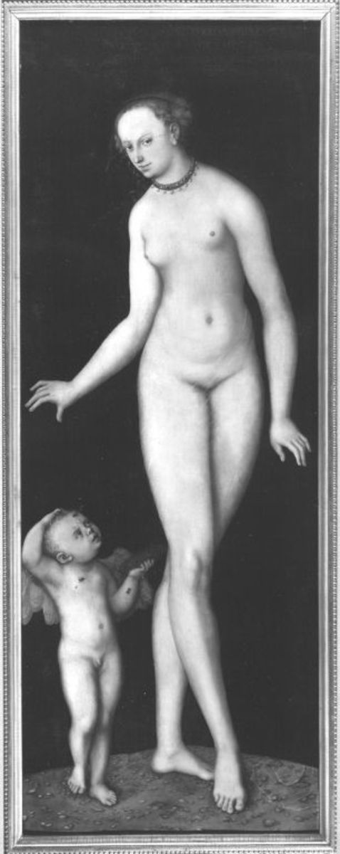 Lucas Cranach d. Ä. | Venus mit Amor als Honigdieb | Displayed motifs: Boy, Putto, Human face, Man, Woman, Fashion accessory, 