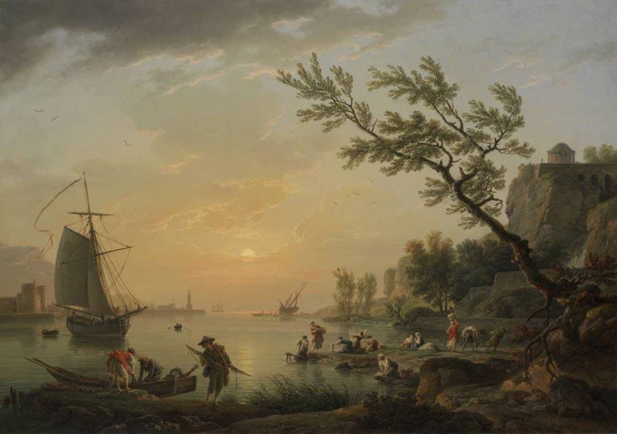 Claude-Joseph Vernet | Seehafen bei Sonnenuntergang | Displayed motifs: Boat, Tree, Latin cross, Angel, 