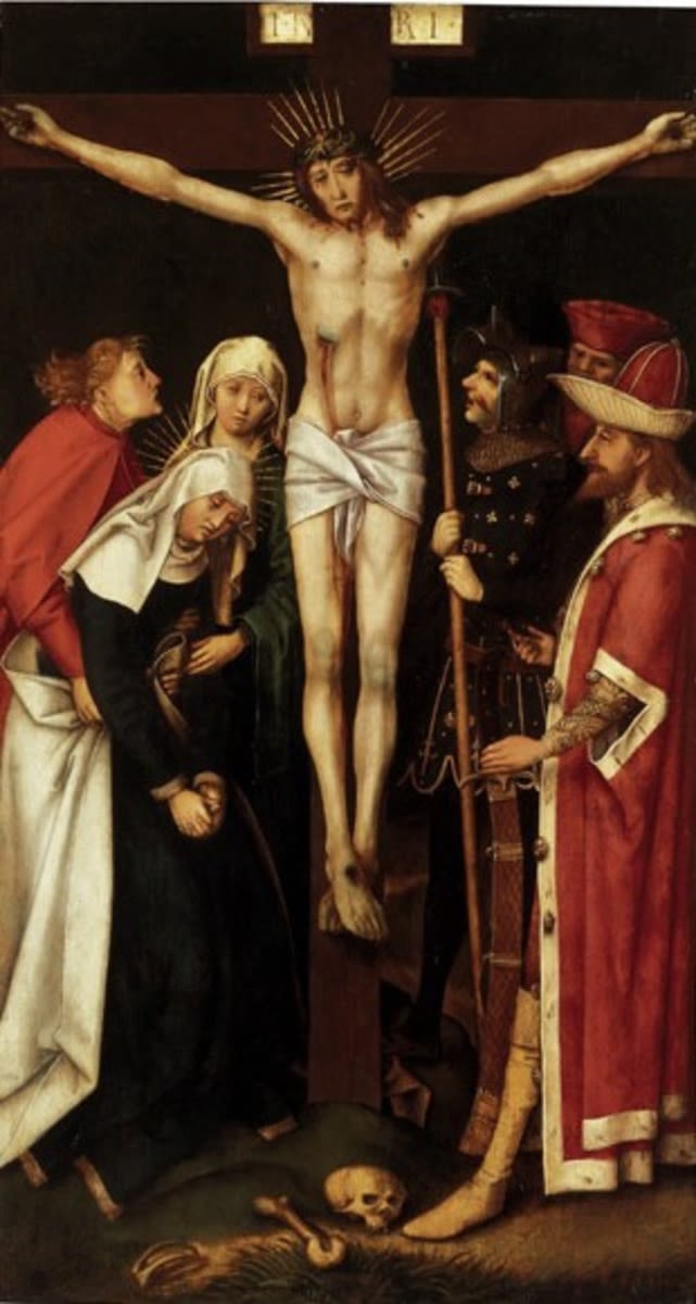 Hans Holbein d. Ä. | "Kaisheimer Kreuzigung" | Displayed motifs: Halo, Wound, Veil, Crucifixion, Woman, Human face, Clothing, 