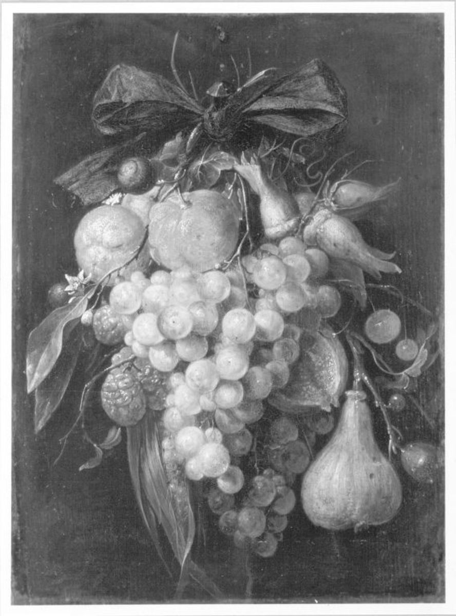 Dirck Barendsz | Früchtestück | Displayed motifs: White dove, Vegetable, Flower, 