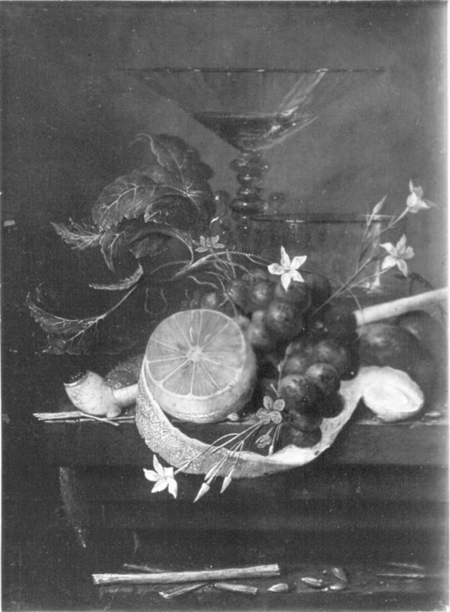 Dirck Barendsz | Früchtestück | Displayed motifs: White dove, Flower, Lemon, Footwear, Fruit, Vegetable, 