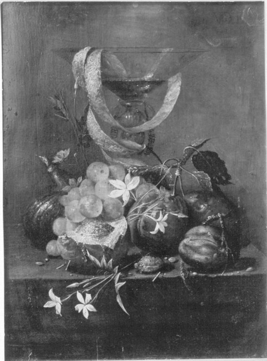 Dirck Barendsz | Früchtestück | Displayed motifs: Flower, Putto, Houseplant, Pumpkin, 