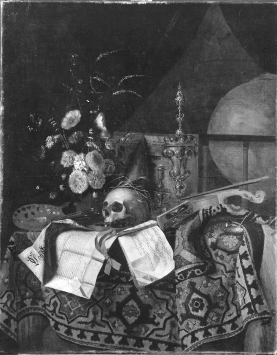 Cornelius Norbertus Gysbrechts | Stillleben (Memento Mori) | Displayed motifs: Thorn crown, Skull, Person, Flower, Clothing, Human face, 