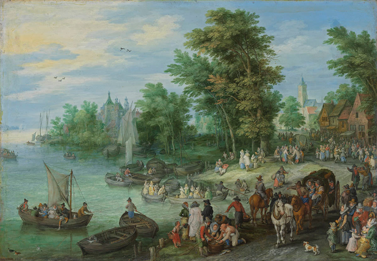 Jan Brueghel d. Ä. | Landungsplatz | Displayed motifs: Boat, Tree, Person, Canoe, Horse, 