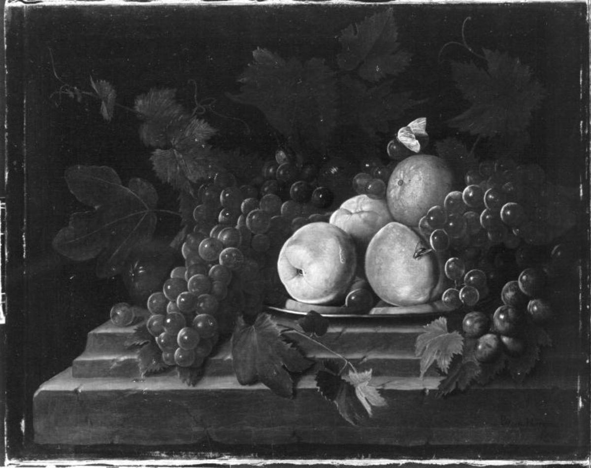 Peter Jacob Horemans | Früchtestück | Displayed motifs: Coat of arms, Fruit, Plant, Flower, 