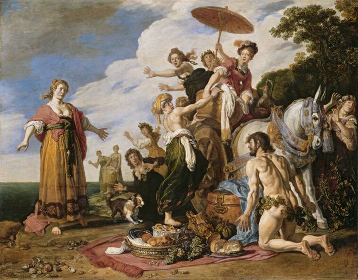 Pieter Lastman | Odysseus vor Nausikaa | Displayed motifs: Dog, Woman, Clothing, Putto, Umbrella, Man, Angel, 