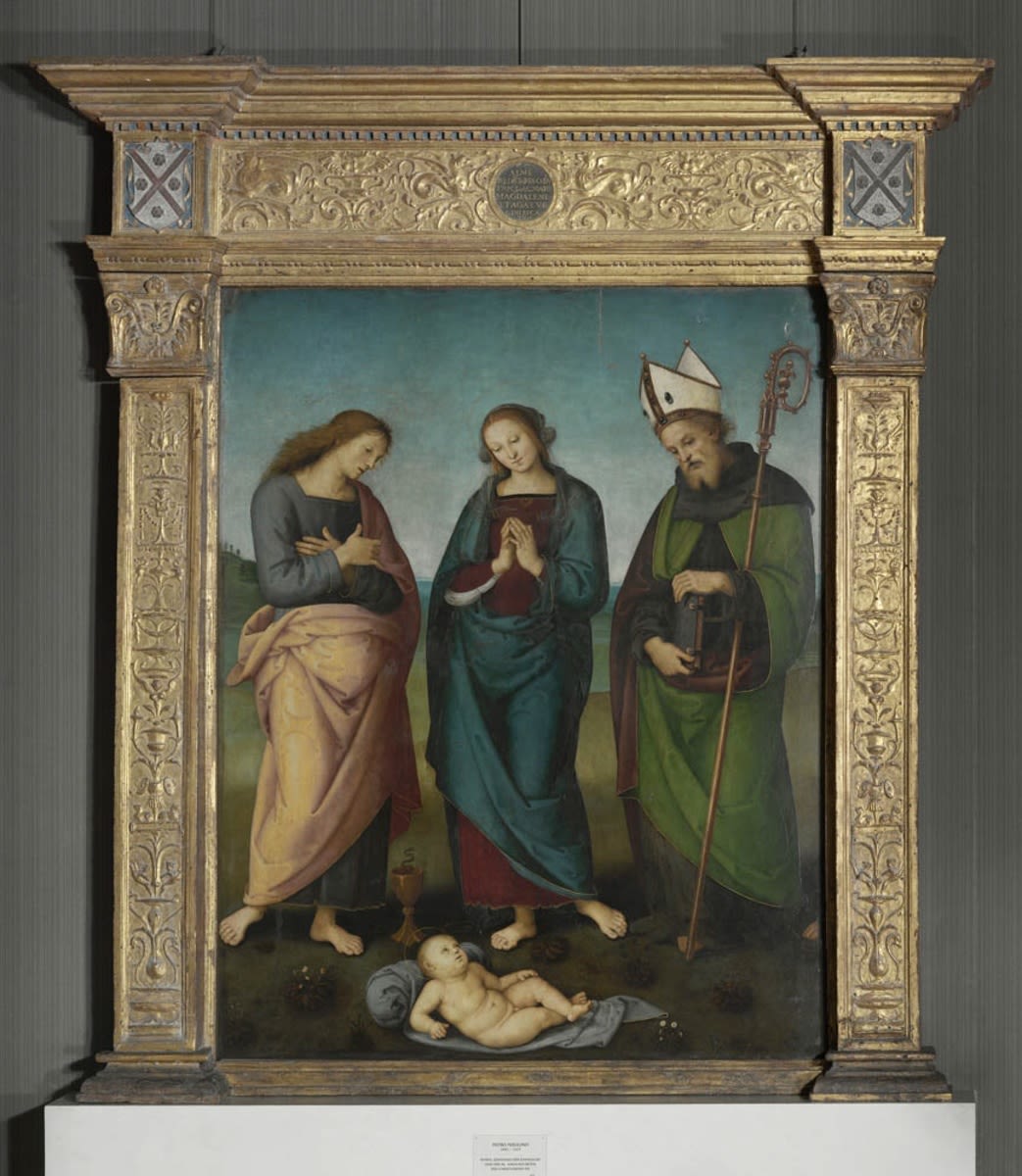 Pietro Perugino | Maria, Johannes Ev. und der hl. Nikolaus (Augustinus?) beten das Christkind an | Displayed motifs: Miter, Woman, Clothing, Coat of arms, Person, Human face, 