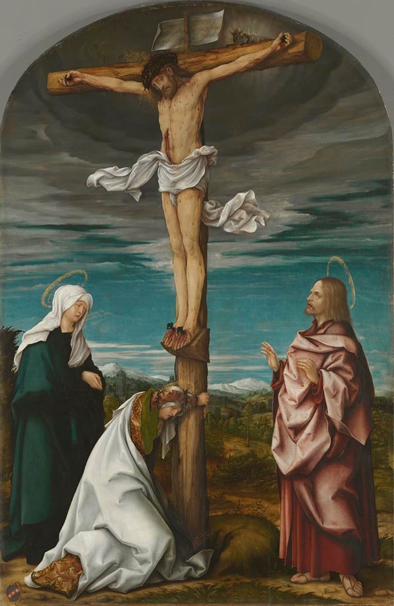 Hans Burgkmair d. Ä. | Kreuzigungsaltar, Mitteltafel: Christus am Kreuz | Displayed motifs: Halo, Crucifixion, Veil, Thorn crown, Clothing, Wound, Woman, 