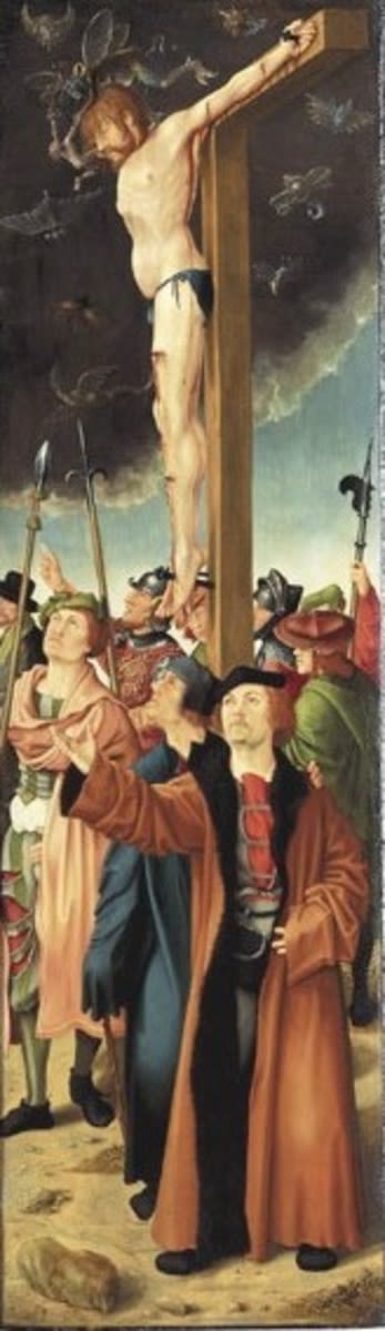 Apt-Werkstatt | Rehlinger-Altar, rechter Flügel: Der unbußfertige Schächer | Displayed motifs: Crucifixion, Wound, Clothing, Person, Human face, Woman, Footwear, 