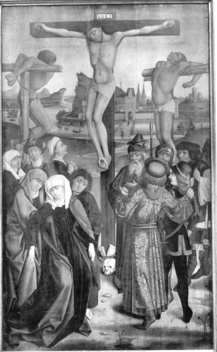 Meister des Landauer-Altars | Altar des Marcus Landauer: Kalvarienberg | Displayed motifs: Veil, Wound, Crucifixion, Clothing, Man, Woman, Human face, 