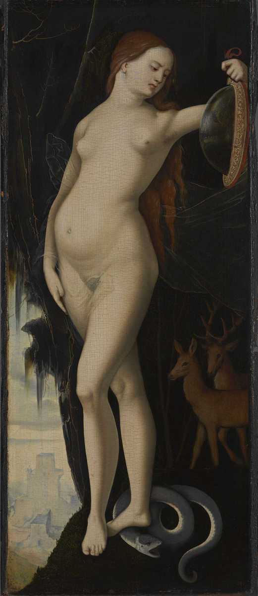 Hans Baldung gen. Grien | Allegorische Frauengestalt mit Spiegel, Schlange, Hirsch und Hindin | Displayed motifs: Human face, Deer, Woman, Wound, Putto, Human leg, Person, 