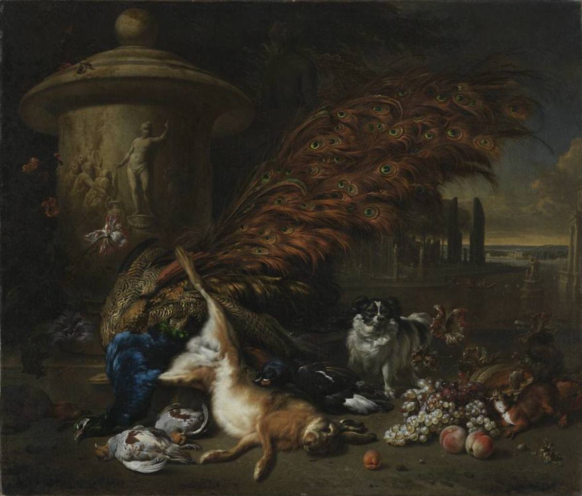 Jan Weenix | Jagdbeutestillleben mit Pfau | Displayed motifs: Dog, Animal, Bird, Putto, Person, Angel, 