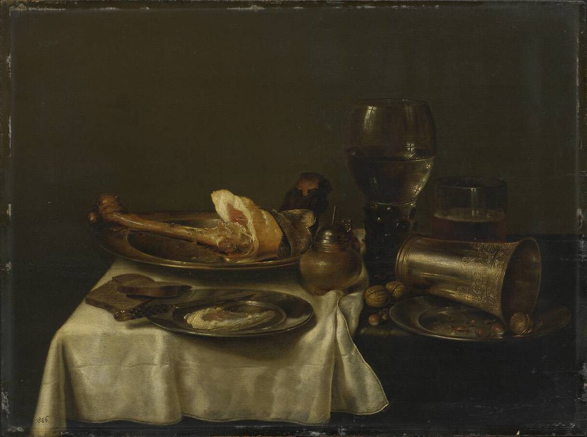 Willem Claesz. Heda | Imbiss mit Schinken, Römer und Silberbecher | Displayed motifs: Wine glass, Drink, Table, Food, 