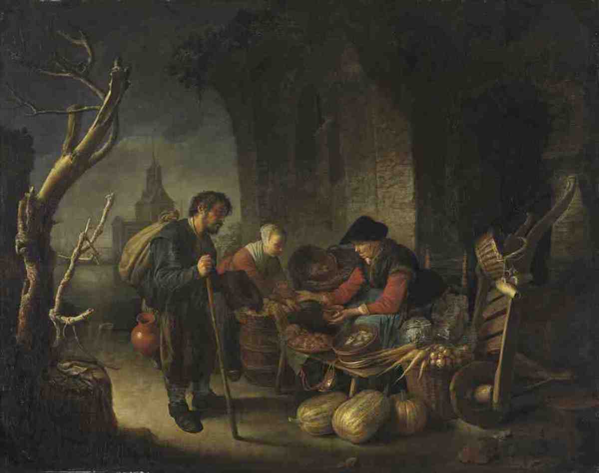 Gerard Dou | Die Gemüse- und Heringsverkäuferin | Displayed motifs: Tree, Clothing, Person, Man, Vegetable, Pumpkin, 