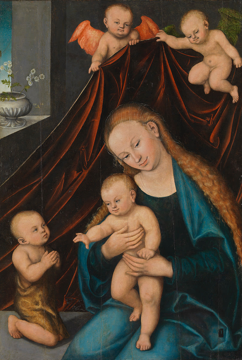 Lucas Cranach d. Ä. | Maria mit Kind und Johannesknaben | Displayed motifs: Boy, Human face, Madonna, Putto, Woman, Flowerpot, Man, 