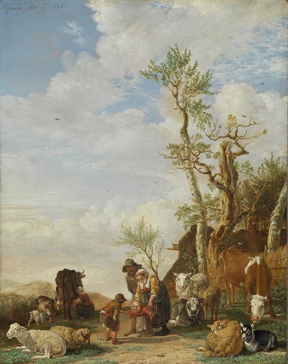 Paulus Potter | Bauernfamilie mit Vieh | Displayed motifs: Cattle, Tree, Sheep, Person, 