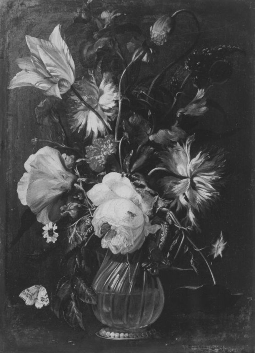 Johann Rudolf Bys | Blumenstillleben | Displayed motifs: Vase, Flower, White dove, 
