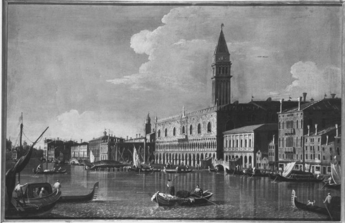 Giovanni Antonio Canal (gen. Canaletto) (Nachahmer) | Riva degli Schiavoni mit Dogenpalast | Displayed motifs: Gondola, Building, Tower, Boat, Vehicle, 