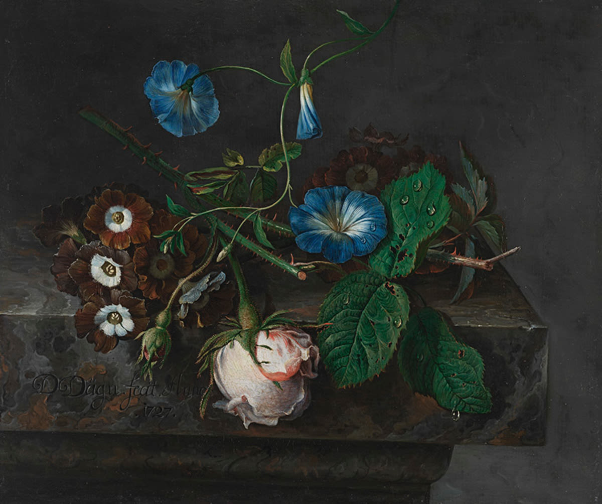 Dismar Degen | Blumenstück | Displayed motifs: Flower, Houseplant, Rose, White dove, Plant, 