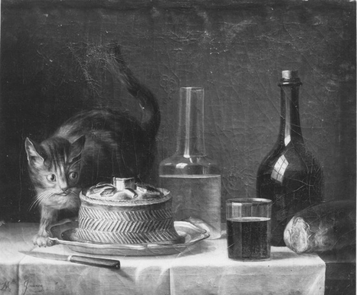 Mademoiselle Jouanon | Stillleben mit Katze | Displayed motifs: Cat, Bottle, Drink, Animal, 