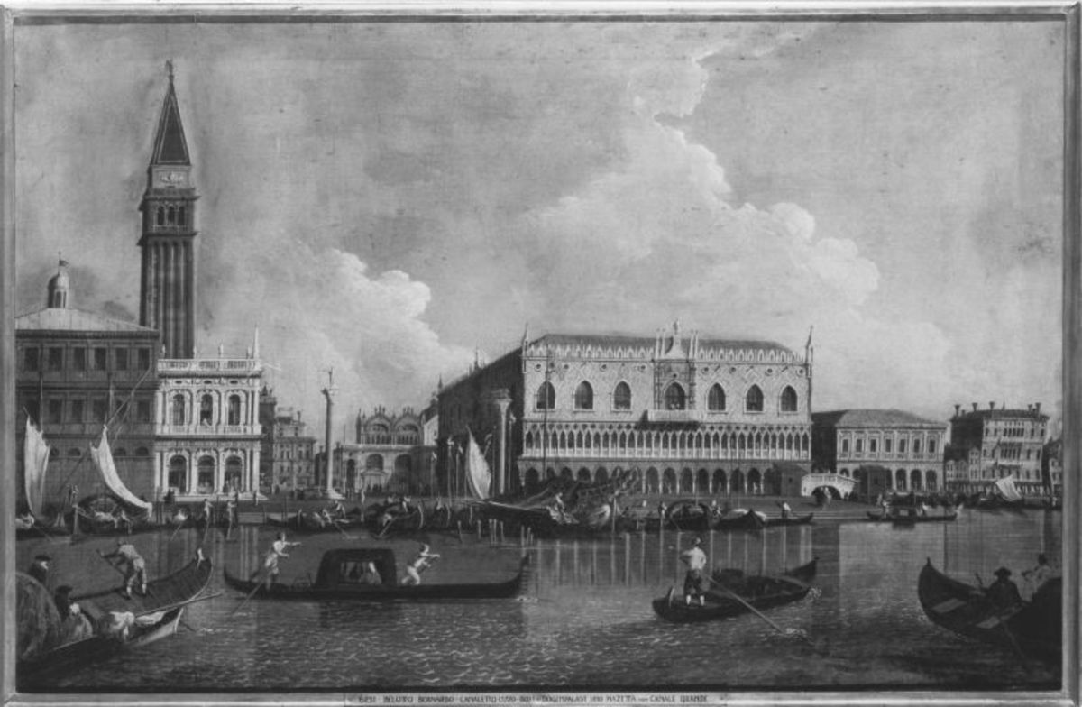 Giovanni Antonio Canal (gen. Canaletto) (Nachahmer) | Dogenpalast und Piazzetta | Displayed motifs: Building, Boat, Tower, White dove, Vehicle, Person, Gondola, 