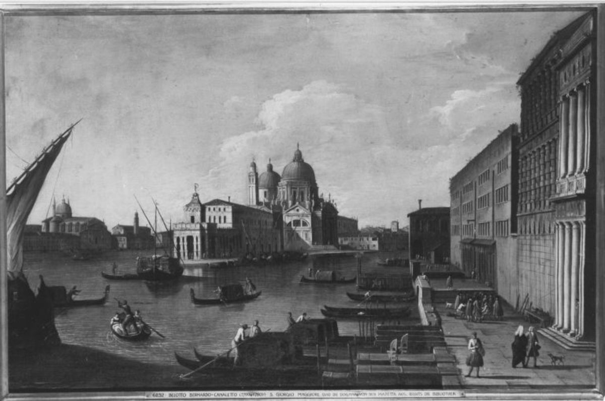 Giovanni Antonio Canal (gen. Canaletto) (Nachahmer) | Santa Maria della Salute und die Dogana | Displayed motifs: Boat, Gondola, Building, House, Tent, 