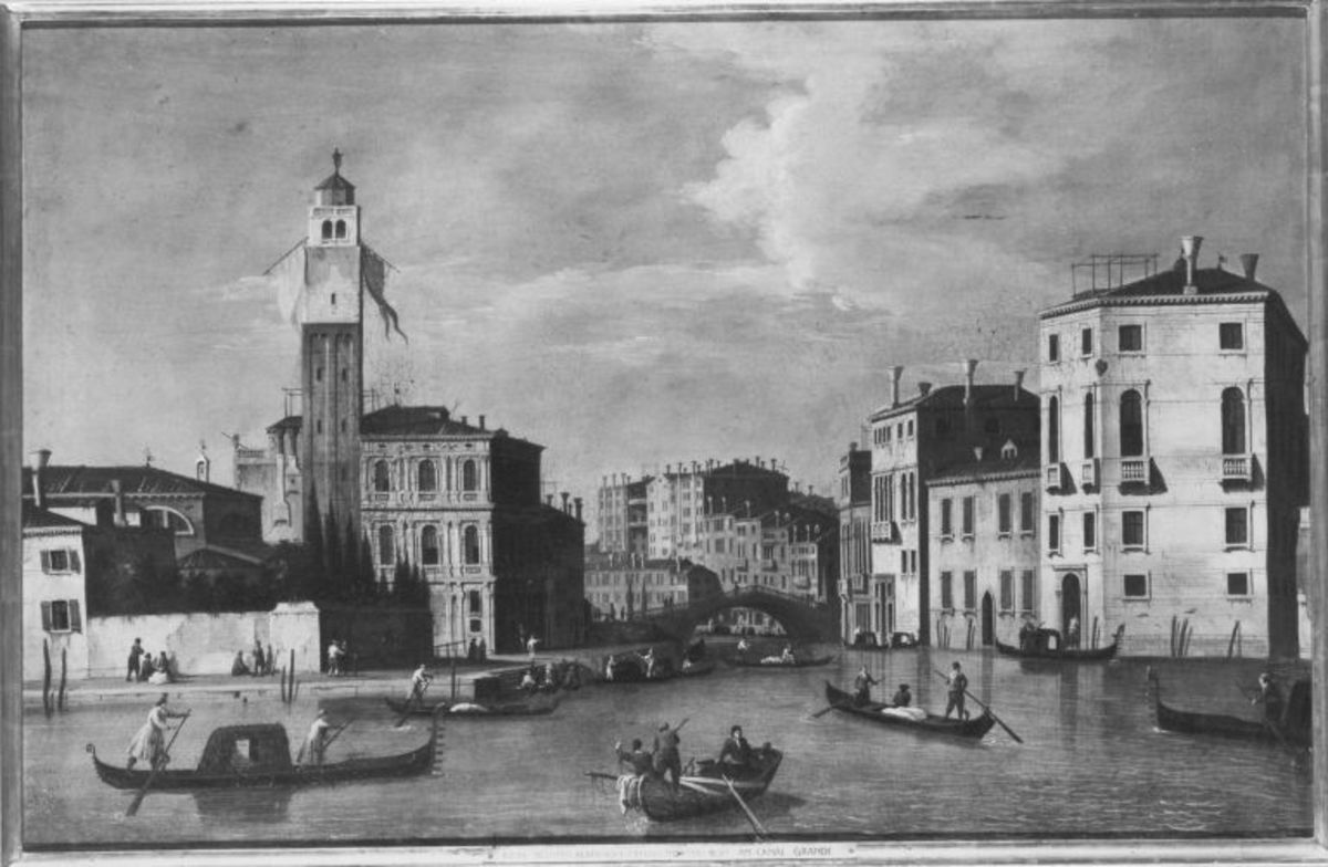 Giovanni Antonio Canal (gen. Canaletto) (Nachahmer) | Canale Grande bei San Geremia | Displayed motifs: Boat, Gondola, Tower, Building, House, 