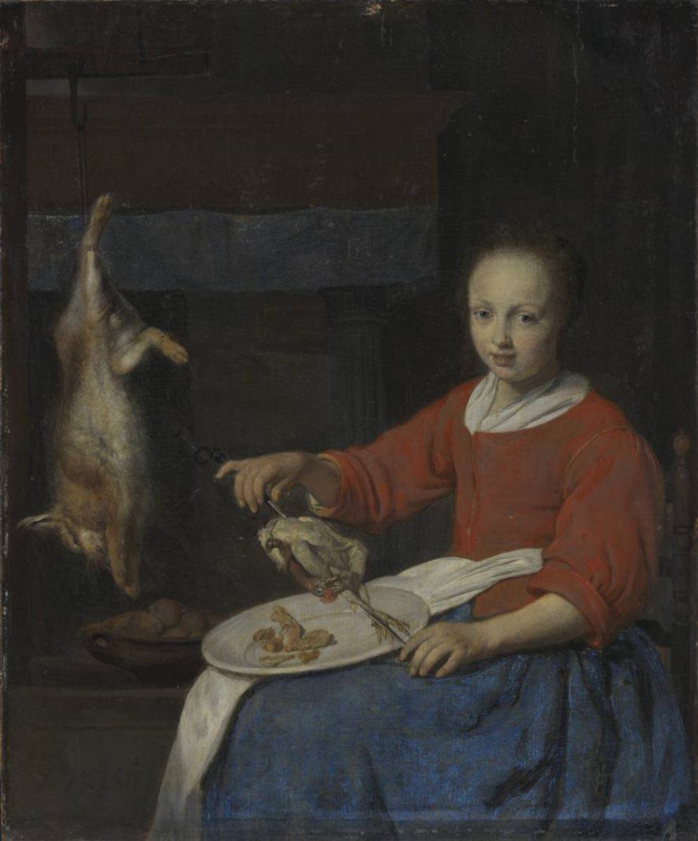 Gabriël Metsu | Die Köchin | Displayed motifs: Human face, Carnivore, Woman, Clothing, Madonna, Angel, Mammal, 