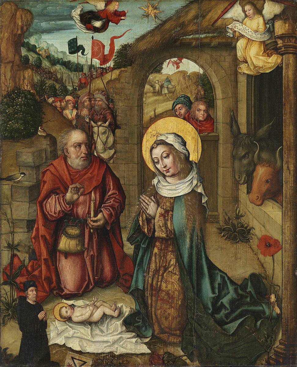 Nicolaus Schit | Geburt Christi | Displayed motifs: Halo, Angel, Horse, Human face, Clothing, Veil, White dove, 