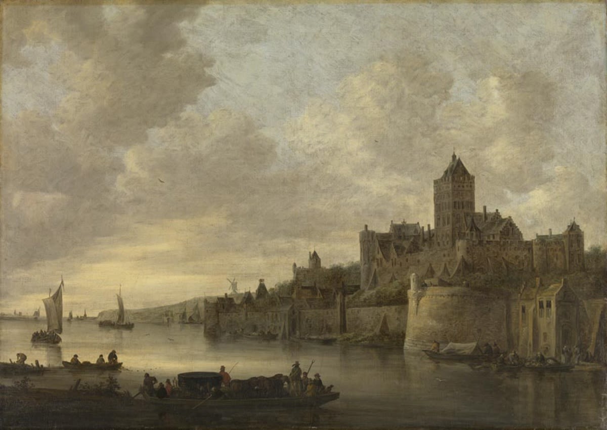 Jan van Goyen | Der Valkhof in Nijmegen | Displayed motifs: Boat, Castle, Tower, Vehicle, Building, 