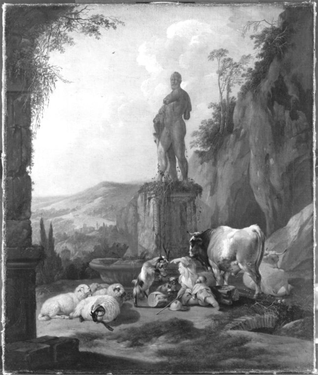 Johann Heinrich Roos | Viehherde vor einer antiken Statue | Displayed motifs: Sheep, Man, Cattle, Tree, Bull, Animal, 