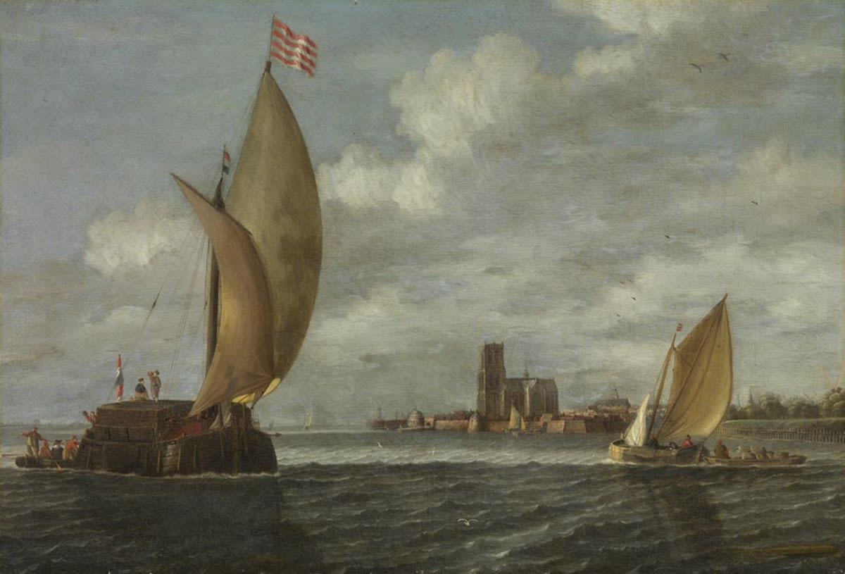 Bonaventura Peeters d. Ä. | Segelboote vor einer Stadt | Displayed motifs: Boat, Wound, Miter, Flag, 