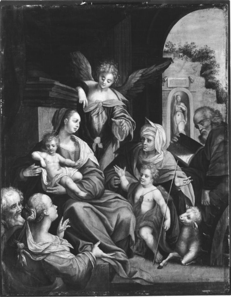 Hans von Aachen (Kopie nach) | Heilige Familie mit Elisabeth, Johannes, Zacharias und Katharina | Displayed motifs: Angel, Madonna, Human face, Man, Woman, Animal, Clothing, 