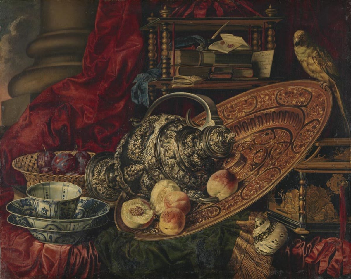 Französisch (?) | Stillleben | Displayed motifs: Bird, Food, Clothing, Furniture, Bowl, Halo, 