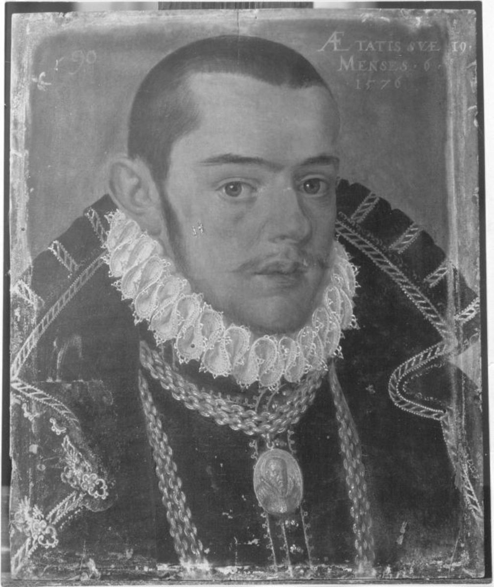 Meister der Vohenstraußbildnisse | Otto Heinrich von Pfalz-Sulzbach (1556-1604, reg. 1582-1604) | Displayed motifs: Human face, Man, Clothing, Necklace, Halo, Fashion accessory, 