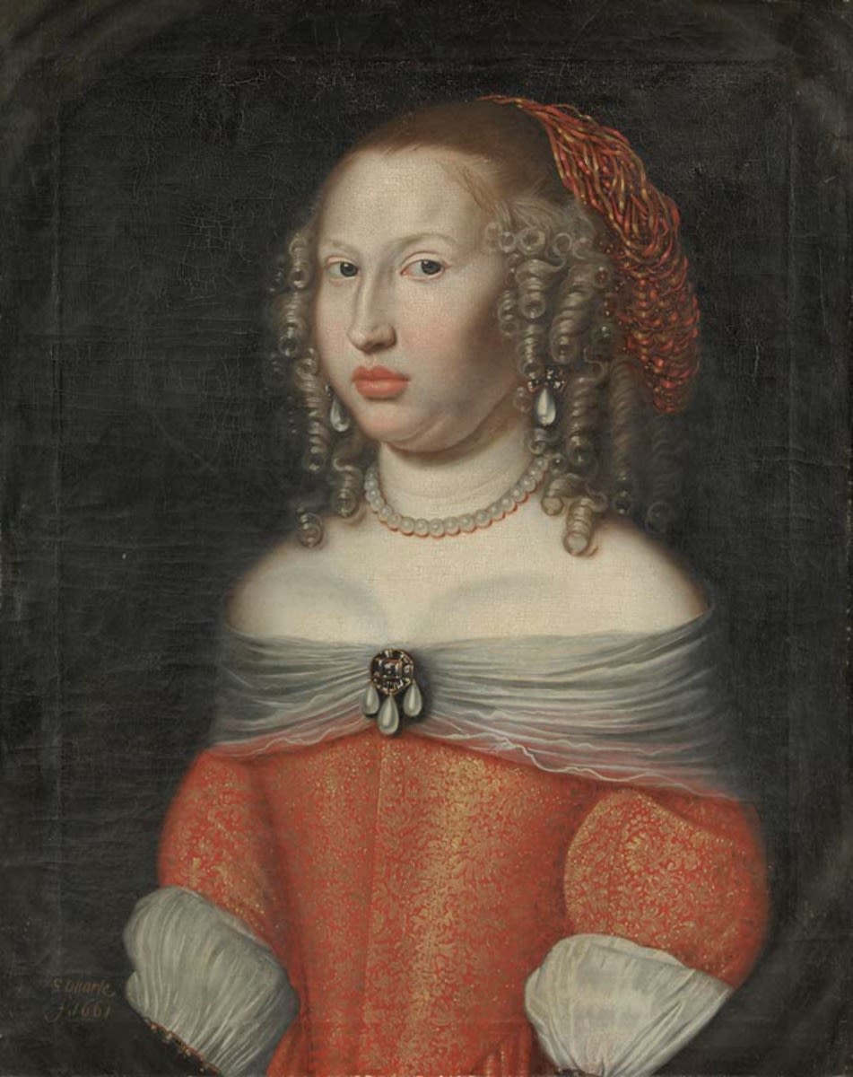 Salomon Duarte | Bildnis der Henrietta Dorothea, geb. Landgräfin von Hessen- Darmstadt, Tochter von Landgraf Georg II., Gräfin von Waldeck-Pyrmont (1641-1672) | Displayed motifs: Human face, Woman, Clothing, Fashion accessory, Dress, Necklace, Veil, 