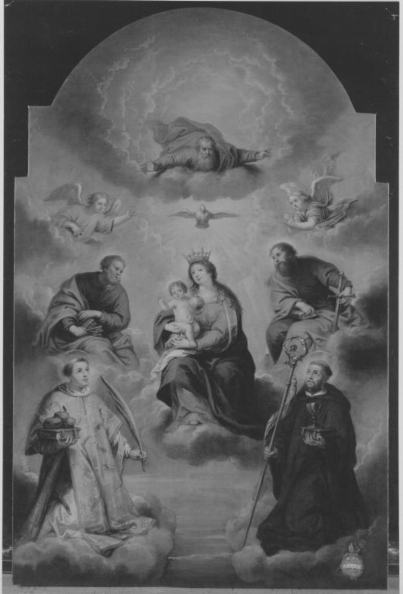 Flämisch | Maria mit Kind in Wolken | Displayed motifs: Putto, White dove, Woman, Man, Halo, Human face, Angel, 