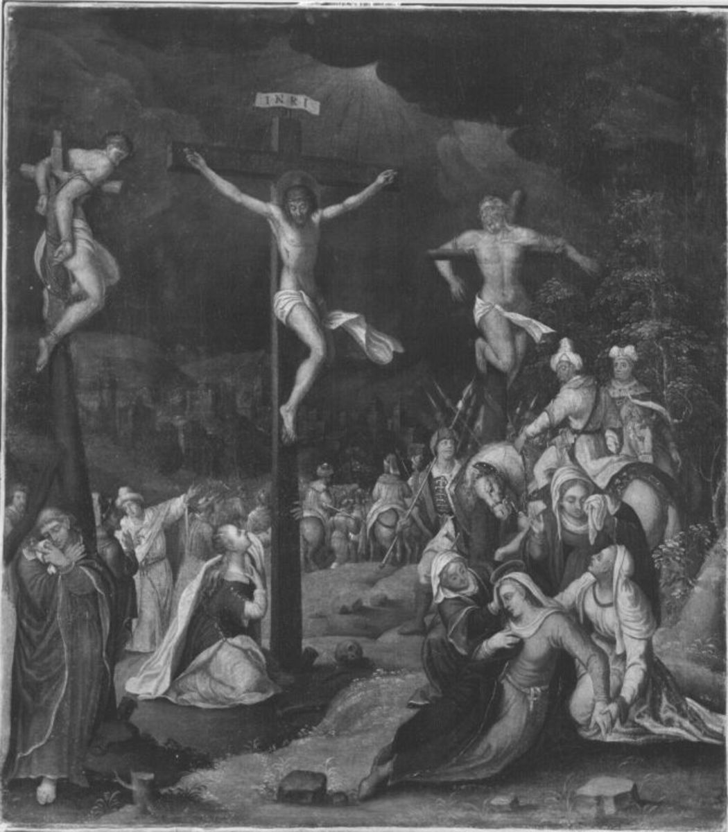 Heinrich Aldegrever | Kreuzigung Christi | Displayed motifs: Crucifixion, Man, Clothing, Wound, Woman, Person, Veil, 