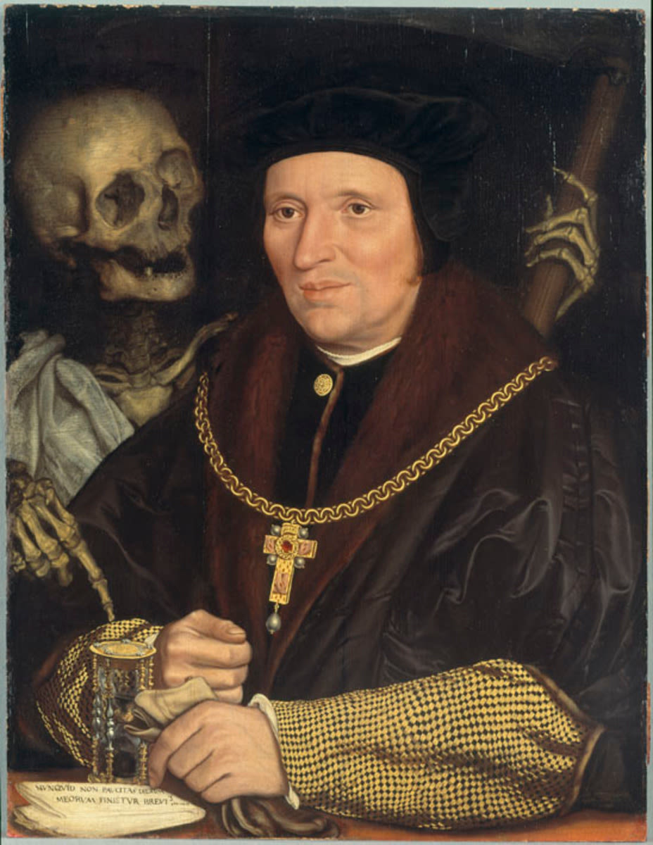 Hans Holbein d. J. (Kopie nach) | Bildnis des Sir Brian Tuke | Displayed motifs: Skull, Human face, Clothing, Man, Person, Footwear, 